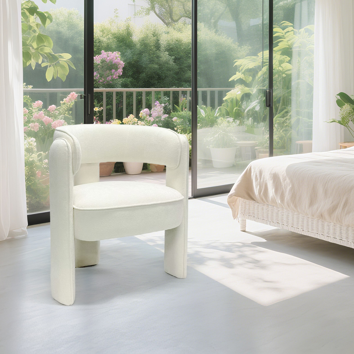 Modern White Boucle Barrel Accent Chair with Open Back – Upholstered Dining & Living Room Armchair