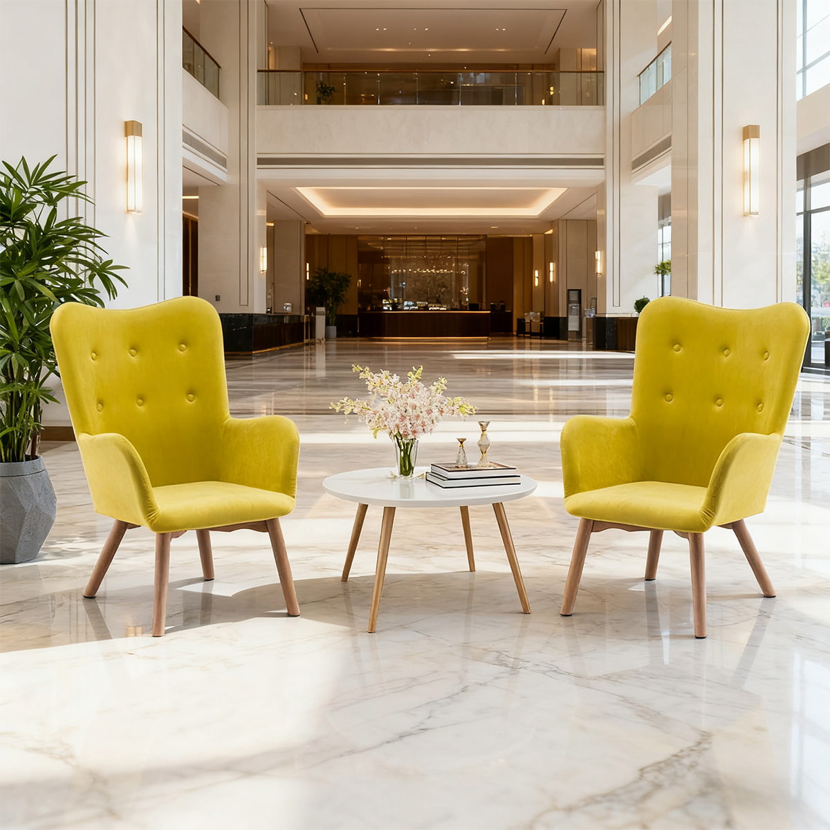 현대적인 노란색 벨벳 액센트 안락 의자 - 거실, 침실 또는 사무실용 나무 다리 및 팔걸이가 있는 윙백 터프트 레저 의자