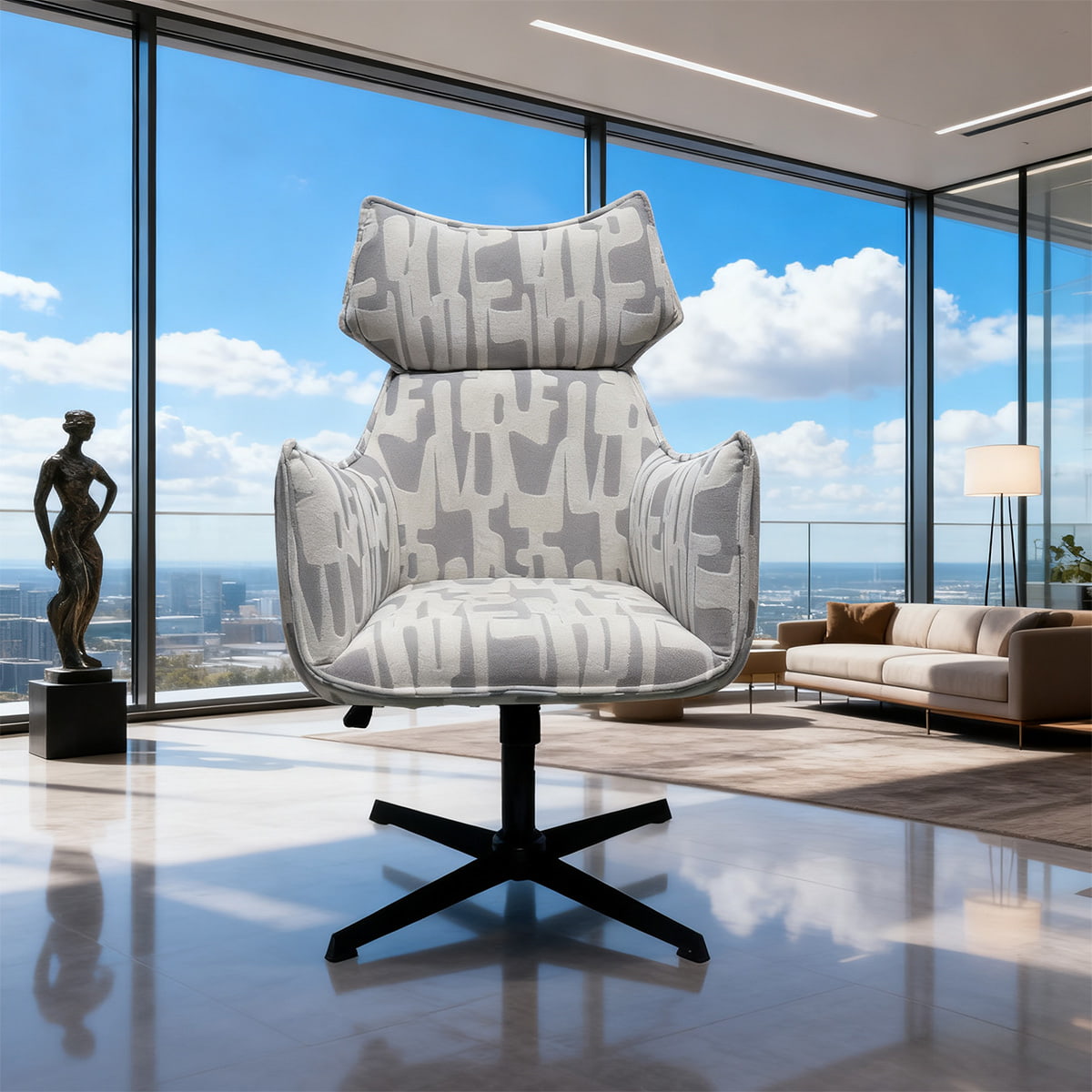 Modern Swivel Accent Armchair with Adjustable Height — Upholstered Fabric Lounge Chair with Metal Base and Armrests for Living Room, Office, or Hotel